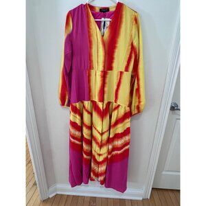 Beulah Style Small Maxi Dress Pink & Yellow Long Sleeve V-Neck NWT